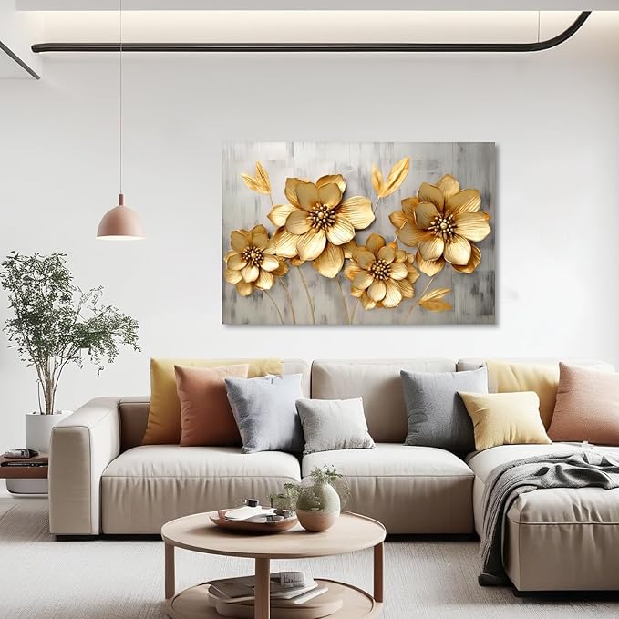 KPLUNDO Canvas Prints Wall Art Gold Flower Picture Gray Poster Landscape Painting Aesthetics Artwork Home Decor for Living Room Kitchens Decoration Gallery Wrap Ready to Hang(Art-2,16.00x24.00 inch)