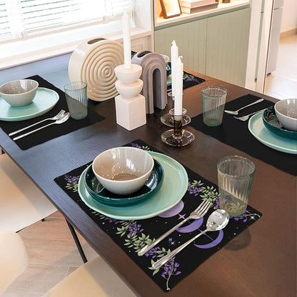 Boho Moon Flowers Placemats Set of 4,Natural Plant Moon Phase Moonlight Kitchen Party Event Table Decor,12x18 Inch,Purple 4 PCS, Style-11