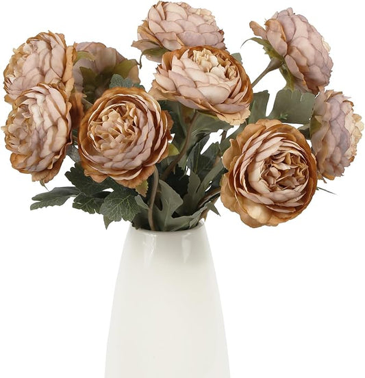 IPOPU 10pcs Coffee Peonies Artificial Flowers Real Touch Silk Peonies with Stems Real Look Fake Peony for Home Wedding Hotel Office Party Centerpiece Decorations