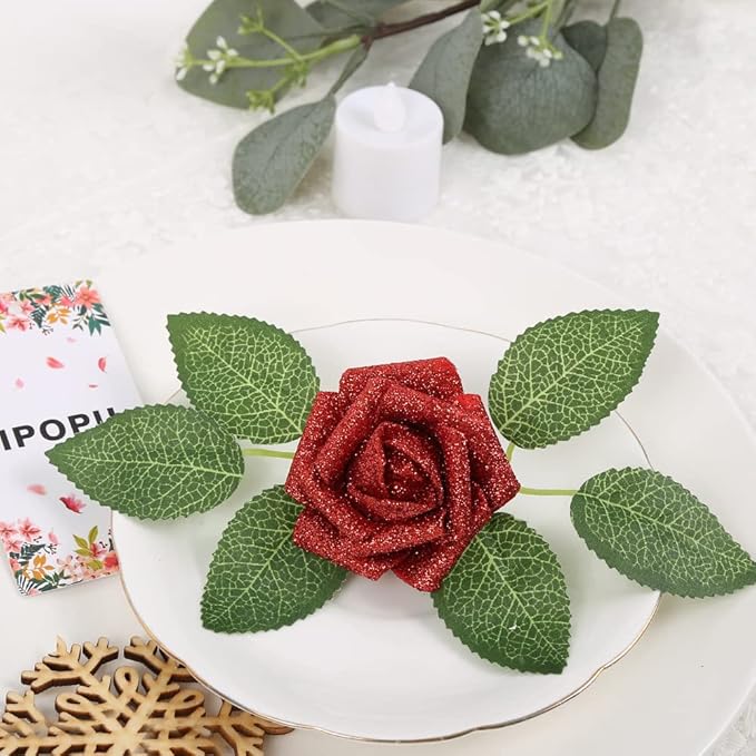 IPOPU Artificial Flowers,50pcs Red Sparkly Roses Glitter Flowers Bling Artificial Roses with Stem for DIY Wedding Bridal Bouquet Home Party Decoration(Red)