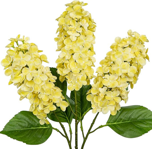 Artificial Hydrangea Flowers Real Touch – 3PCS 24.8" Faux Cone Hydrangea Stems for Tall Vases, Home Décor, Wedding Centerpieces, Floral Arrangements – Butter Yellow