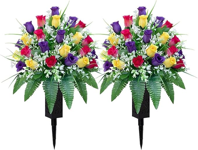 Artificial Cemetery Flowers, Gravesite Decoration Roses, Memorial Bouquets with Cemetery Vase, Vibrant and Long-Lasting Colors (Yellow+Purple+Brilliant Red, 2 Bundles)