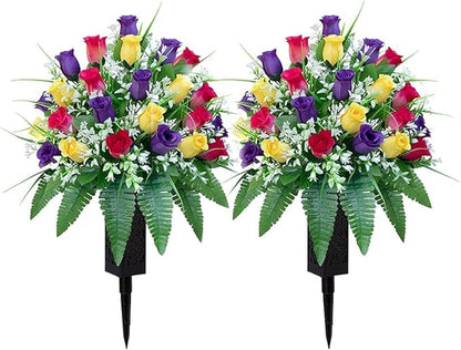 Artificial Cemetery Flowers, Gravesite Decoration Roses, Memorial Bouquets with Cemetery Vase, Vibrant and Long-Lasting Colors (Yellow+Purple+Brilliant Red, 2 Bundles)