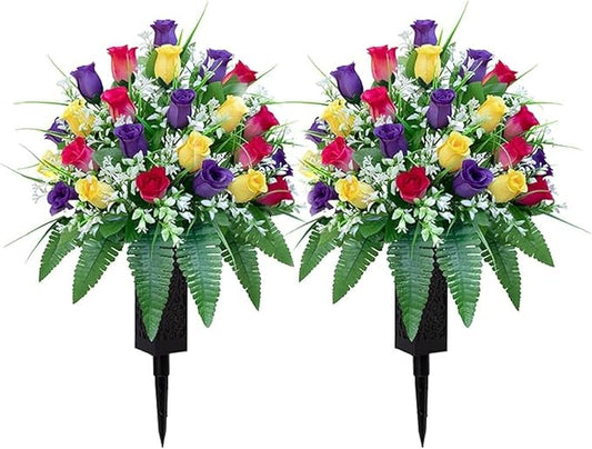 Artificial Cemetery Flowers, Gravesite Decoration Roses, Memorial Bouquets with Cemetery Vase, Vibrant and Long-Lasting Colors (Yellow+Purple+Brilliant Red, 2 Bundles)