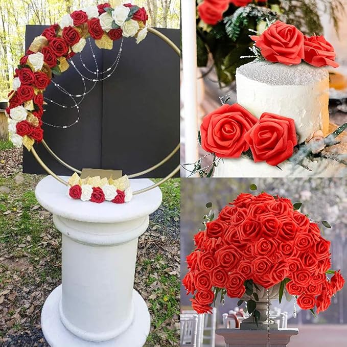 Artificial Rose Flower Heads, 100pcs Red Foam Rose Artificial Flower Heads for DIY Wedding Bouquets Centerpieces Arrangements Party Baby Shower Home Decor (Stemless, Red)