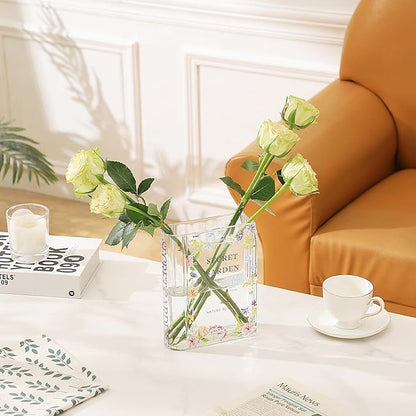 Glass Book Vase, Clear Book Vase for Flowers, Large Glass Vases, Modern Book Shaped Vases for Bedroom, Living Room, Office, Coffee Table, Bookshelf(Garden)