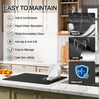 Dish Drying Mat for Kitchen Counter | Coffee Bar Mat for Countertops | Heat Resistant Drainer Mat with Non-slip Rubber Backed | Hide Stain Kitchen Absorbent Draining Mat | Black 18"x28"