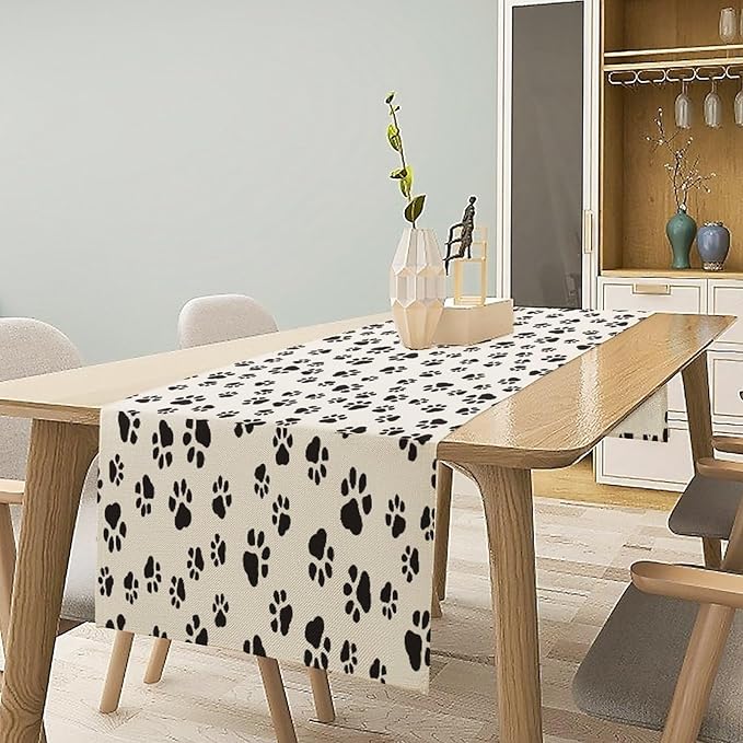 Dog Paws Table Runner,Cartoon Cute Black White Animal Footprints Abstract Tablecloth Burlap for Hotel Indoors Outdoor Dining Room Kitchen Home Decor,W13X L90 in