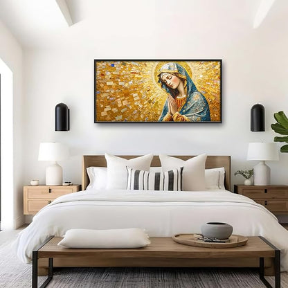 Extra Large Virgin Mary Framed Wall Art for Living Room,Oversized Golden Christian Religious Pictures Wall Decor,Canvas Print Painting Modern Artwork Bedroom Office Bathroom 60L x 30W