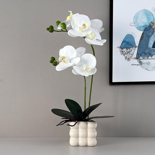Artificial White Orchid Flower Plant, 14 inches Tall, Home Decor Orchid Artificial Flowers (White-1)