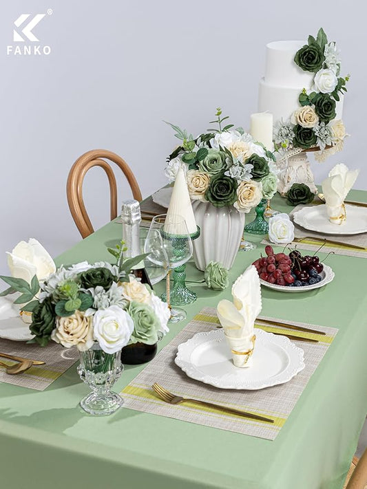 FANKO Artificial Flower Fake Rose Combo, 5 Mixed Silk Flowers Bouquet Dark & Light Green Rose Cream Roses, Light Gray Dahlia for DIY Wedding Bridal Bouquets/Centerpieces/Home Decorations