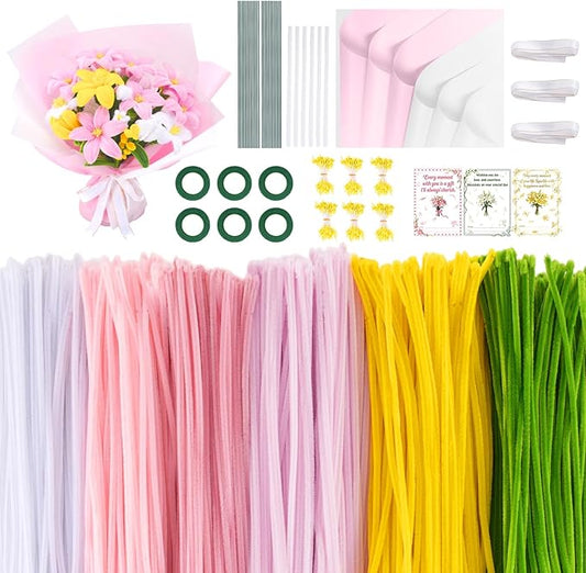 1800PCS Pipe Cleaners Craft, Pipe Cleaner Bulk Flower Kit, 6 Colors Chenille Stems Flower Making Kit with Floral Wrapping Paper and Ribbon, Gardening Tape, Stamen for Art and Craft Supplies
