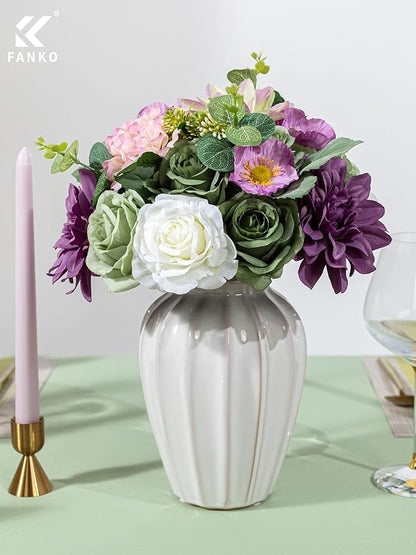 FANKO Artificial Flowers Green Rose, Mixed Combo Fake Silk Flowers White Rose Purple Dahlia Gradient Vintage Assorted Blooms for DIY Wedding Bridal Bouquets/Centerpieces/Home Decor
