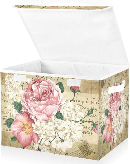 Flower Baskets Collapsible Storage Bins with Lids, Vintage Rose Floral Storage Boxes Clothes Baskets for Organizing