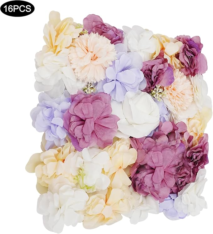 16Pcs Artificial Flower Wall Panel 3D Floral Backdrop Walls13.7 X 13.7" Purple Flower Wall Decor Panel Flower Backdrop for Party Home Background Decor