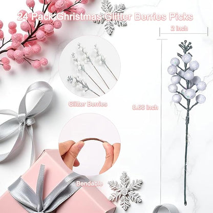 24Pack Christmas Picks Glitter Berries Stems Artificial White Berry Branches Holly Picks Stems Christmas Tree Ornaments for DIY Xmas Wreath Crafts Gifts Holiday Home Decor (White)