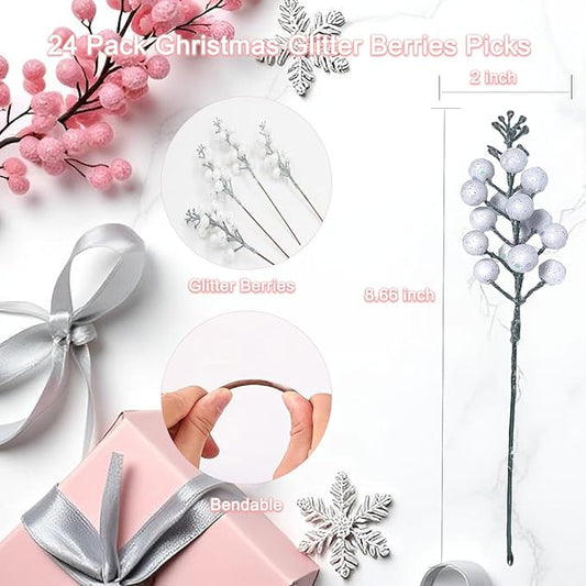 24Pack Christmas Picks Glitter Berries Stems Artificial White Berry Branches Holly Picks Stems Christmas Tree Ornaments for DIY Xmas Wreath Crafts Gifts Holiday Home Decor (White)