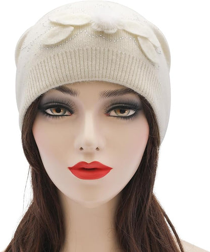 ZLYC Women Floral Slouchy Beanie Hat Double Layer Winter Knit Skull Cap