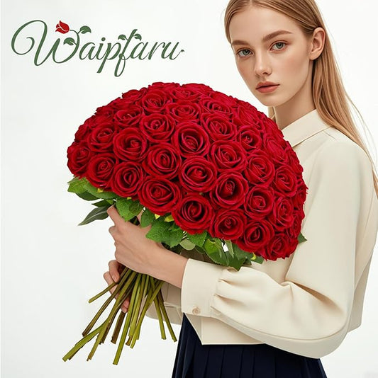Waipfaru 100 Pcs Red Roses Artificial Flowers Bulk, Real Touch Velvet Roses with Wrapping Paper, Fake Flowers for Wedding Centerpieces Bridal Bouquet Valentines Mothers Day Decor