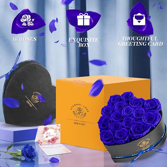 16 Preserved Flower Delivery Prime, Preserved Roses in a Box, Birthday Gifts for Women, Mother's Day, and Valentine's Day-Blue Roses