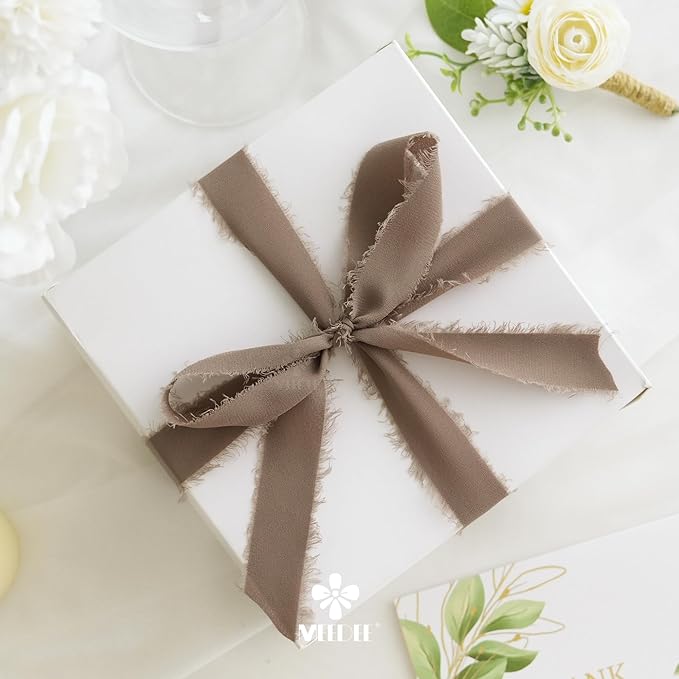 MEEDEE Taupe Chiffon Ribbon 1 Inch Brown Frayed Ribbons Brown Chiffon Silk Fringe Ribbon Thin Chiffon Ribbons for Crafts, Gift Wrapping, Wedding Invitation (3 Rolls 21 Yards)