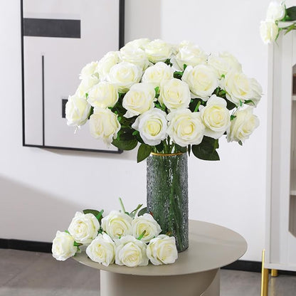 50PCS Artificial Silk Roses Flowers – Realistic Fake Roses in Bulk & Bouquet Long Stem White Rose for Wedding Centerpieces, Home Decor, Floral Arrangements, Party Decoration (White)