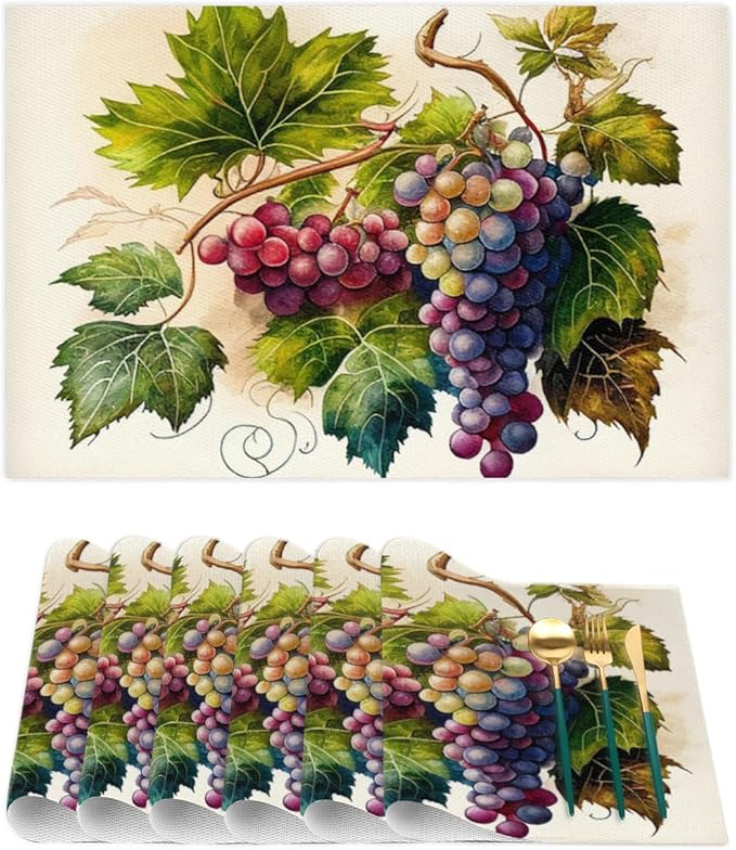 Fruit Grapes Purple Abstract Placemats Set of 4 PVC Vinyl Non Slip Table Mats Waterproof Heat Resistant Place Mats Washable Wipeable Dining Table Mat for Kitchen Party Indoor Outdoor Decorative