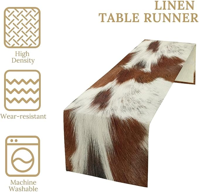 Cow Skin Print Table Runner, Rustic Country Farmhouse Animal Fur Skin Western Farm Dark Brown Cowhide Print Dinner Runner Table Decoration for Home Kitchen Dining 13x120in