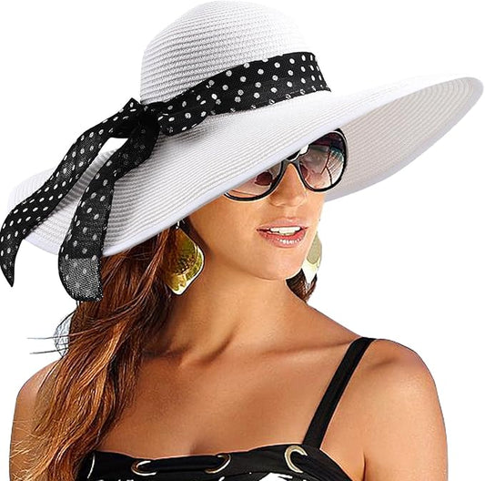 DRESHOW Beach Hats for Women Big Straw Wide Brim Summer Hat Floppy Foldable Roll up Cap Sun Hat UPF 50+