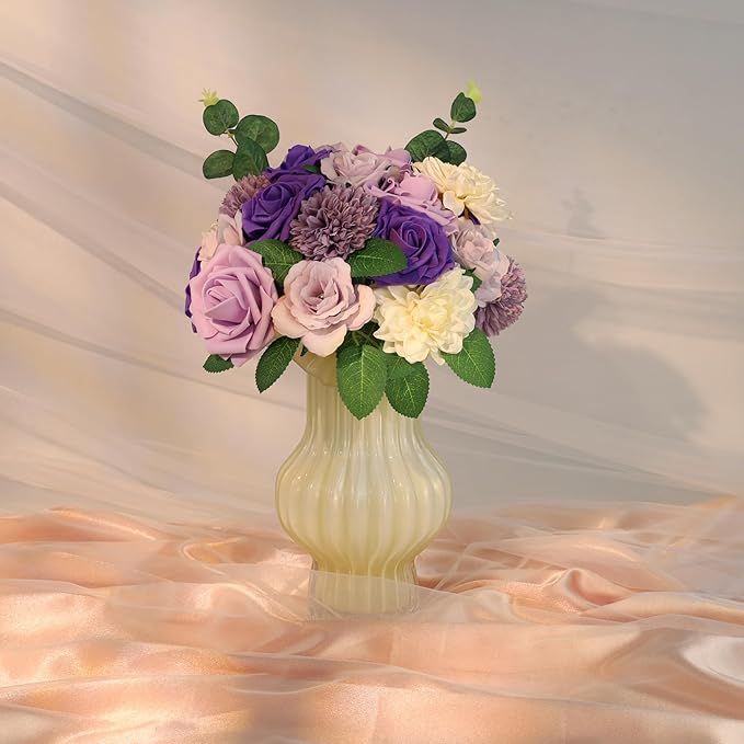 SITUMEIZI Roses Artificial Flowers Combo Purple Flowers Silk Foam Flowers with Stems for DIY Bridal Wedding Bouquet Baby Shower Party Home Decor Floral Arrangements 23pcs