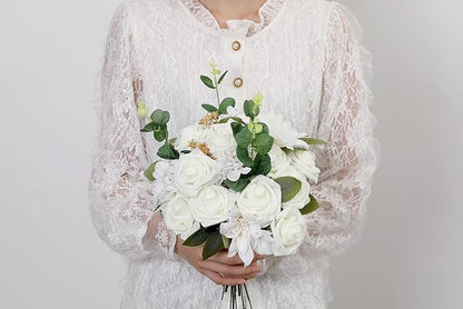 SITUMEIZI Roses Artificial Flowers Combo White Flowers Silk Foam Flowers with Stems for DIY Bridal Wedding Bouquet Baby Shower Party Home Decor Floral Arrangements 26pcs