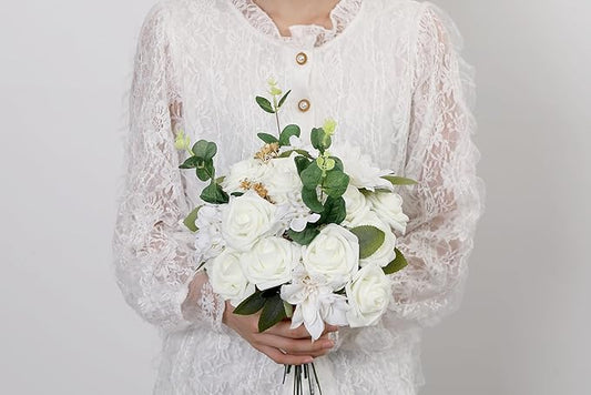 SITUMEIZI Roses Artificial Flowers Combo White Flowers Silk Foam Flowers with Stems for DIY Bridal Wedding Bouquet Baby Shower Party Home Decor Floral Arrangements 26pcs