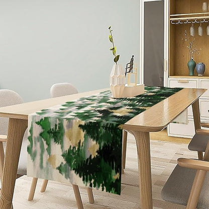 Watercolor Green Pine Trees Table Runner, Forest Woodland Tabletop Scarf Home Kitchen Holiday Decor, Seasonal Farmhouse Rustic Dining Decorations Party Supply 13 X 90 Inch