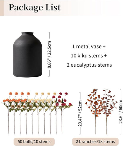 BLOSMON Flower Centerpiece Table Decorations: Metal Vase with 12 Stems of Fake Mums Kiku Flowers Eucalyptuses for Home Dining Room - Burnt Orange Artificial Pom Poms Floral Arrangement in Vase