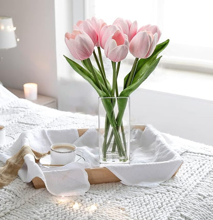 Briful Fake Flowers Artificial Tulip Flower Pink in Clear Vase, Real Touch Foam Tulip Arrangement Suitable for Home Office Decoration, Dining Table Centerpiece