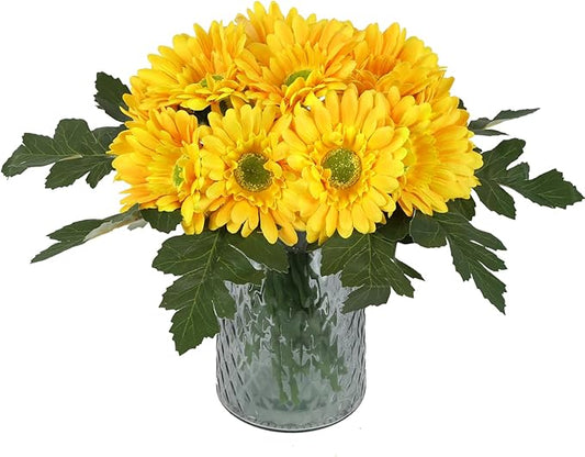 IPOPU 2 Bundles Artificial Gerbera Daisy Flowers 14 Heads Yellow Fake Daisy with Stems Faux Silk Daisy Flower for Wedding Bridal Bouquet Party Floral Arrangements Home Table Centerpiece Decor (Yellow)