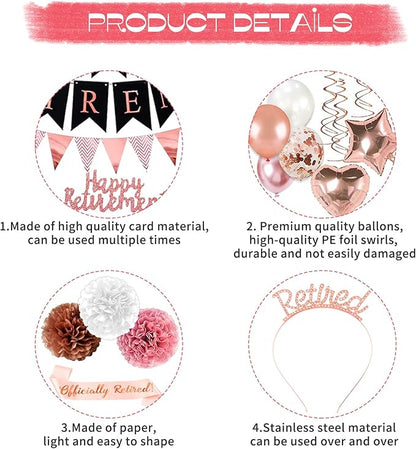 Rose Gold Retirement Party Decorations, 63 Pcs Retired Party Decorations for Women Happy Retirement Banner Hanging Swirls Foil Balloon Cake Toppers Retired Sash Retired Parties Supplies