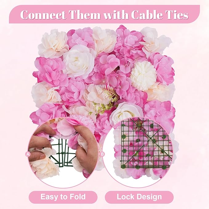 12Pcs Artificial Flower Wall Panel 3D Floral Backdrop Wall 15" X 15" Flower Wall Decor Panel Flower Wall Backdrop Faux Flower Panel for Party Home Background Decor, Pink