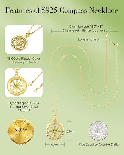 S925 Necklace Gift for Wife |Compass Jewelry |Women Anniversary |Sterling Silver |Girlfriend Birthday Gifts for Her Valentines |I'd be Lost without You |Jewel 18K Gold