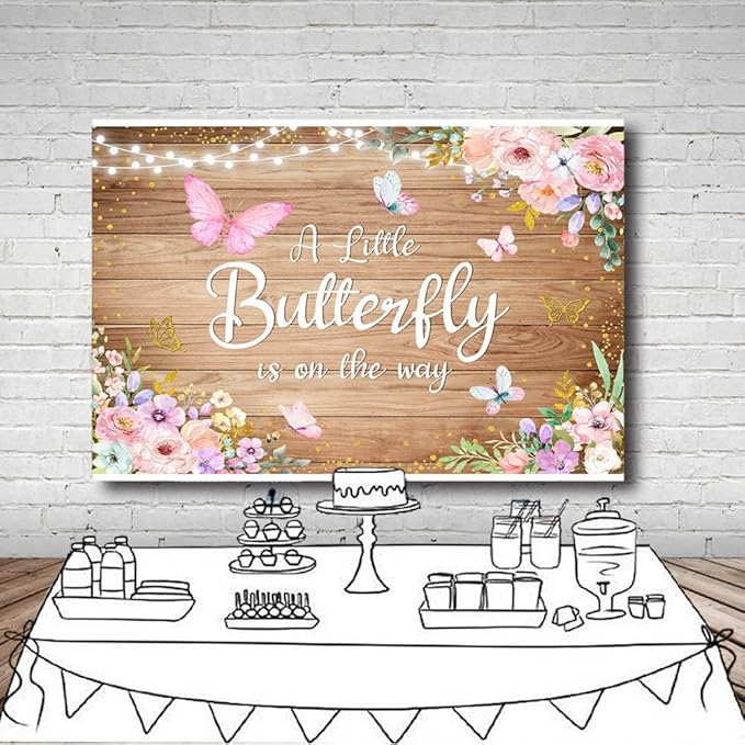 7x5ft Butterfly Baby Shower Backdrop A Little Butterfly is on The Way Photography Background Rustic Wooden Pink Floral Flowers Princess Girl Newborn Party Banner Decoration