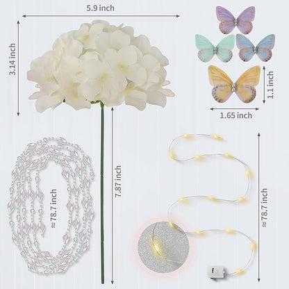 64PCS Artificial Hydrangea Flowers with Stems, Silk Hydrangea Heads with LED Decorative Lights, Crystal Strings & Butterfly Accents for Wedding Centerpieces and Home Decor(64, Champagne)