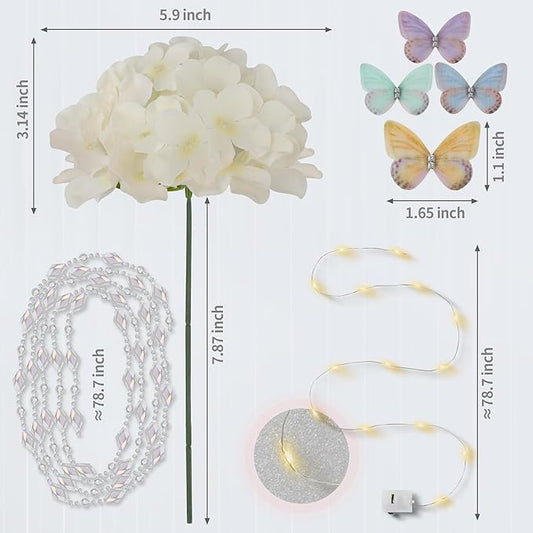 64PCS Artificial Hydrangea Flowers with Stems, Silk Hydrangea Heads with LED Decorative Lights, Crystal Strings & Butterfly Accents for Wedding Centerpieces and Home Decor(64, Champagne)