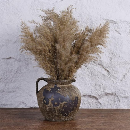 Rustic Vase with Handles, Farmhouse Vase for Home Decor, Wabi Sabi Decor Pottery Vases, Vintage Stone Terracotta Vases Suitable for Living Room, Fireplace, Shelf Decor, Dining Table Decorative