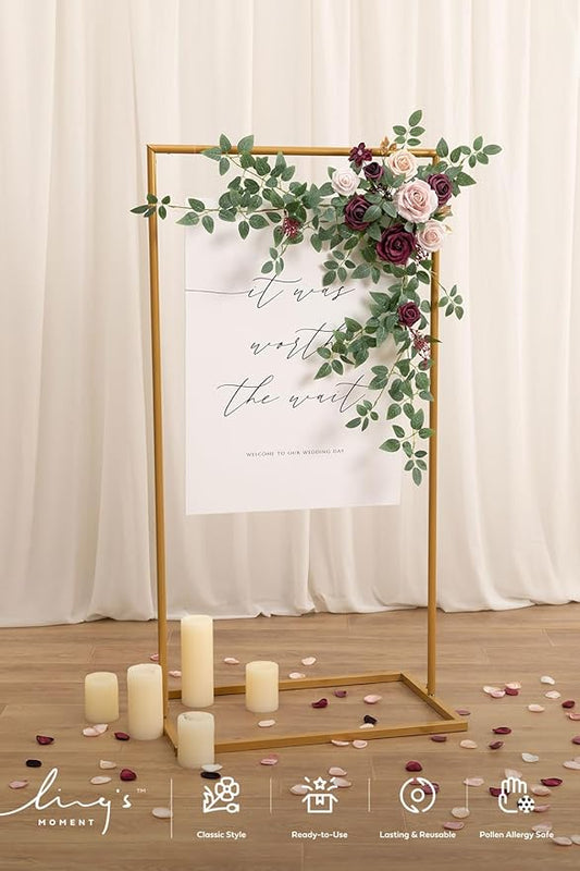 Ling's moment Wedding Artificial Welcome Sign Flowers Swag Arch Floral Garland Decorations Marsala Blush Ceremony Reception Entrance Entryway Party Banquets Easel Wall Home Outdoor(NOT Include Sign)