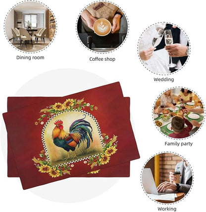 Rooster Sunflower Placemats Set of 4, Farmhouse Country Farm Chicken Animal Red Double-Sided Table Mats for Kitchen Dining Room Home Party Indoor Decor 4 PCS 12x18 Inch