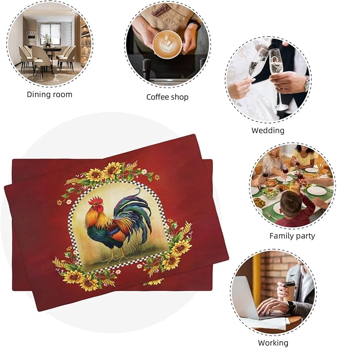 Rooster Sunflower Placemats Set of 6, Farmhouse Country Farm Chicken Animal Red Double-Sided Table Mats for Kitchen Dining Room Home Party Indoor Decor 6 PCS 12x18 Inch