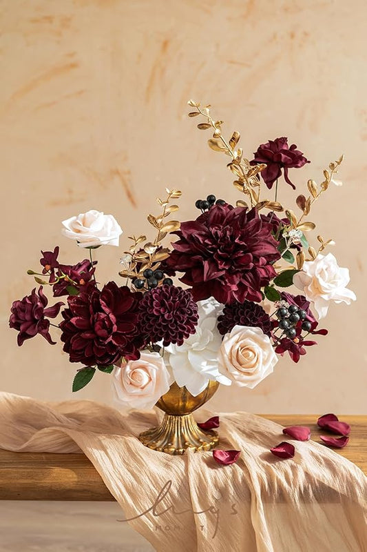 Ling's moment Fake Flowers Box, Faux Artificial Greenery Stems Foam Roses Gardenias Berries Silk Dahlia Fabic Flower for Centerpieces Bouquet Wedding Floral Vase, Marsala & Soft Peach, Deluxe Combo