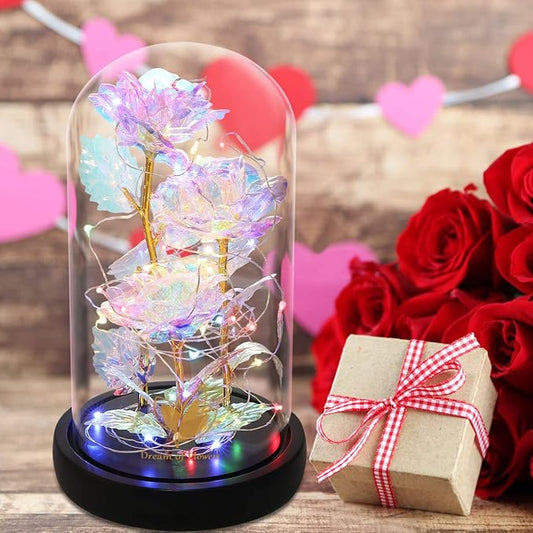 Beauty and The Beast Rose,Christmas Flowers Gifts for Women,Colorful Rainbow Up Rose in A Glass Dome,Gifts for Mom,Women,Wife's,Grandma Wife Anniversary,Valentines,Thanksgiving,Birthday,Wedding