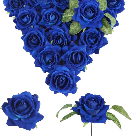 Blue Roses Artificial Flowers 16pcs Royal Blue Flowers Artificial Roses with Stems 3.15" Fake Roses for Bridal Bouquet Wedding Flowers for Floral Centerpieces