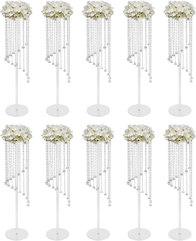 10 Pcs Acrylic Column Flower Stand with Chandelier Crystals, Clear Acrylic Tall Vases Fancy Metal Vase Stand for Weddings and Parties 7.87 x 7.87 x 31.5 Inch